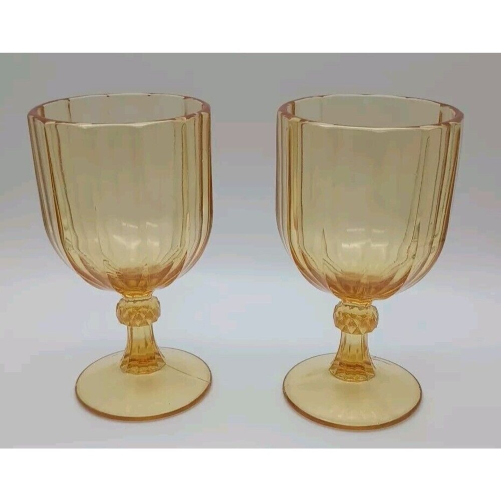 2 Vtg Amber Goblets Diamond Point Lined Wedding Heavy